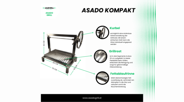 Asado Kompakt Grill, Detailaufnahme zeigt die Beschreibung der Grillfläche