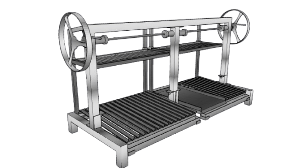 Komplettansicht des Asado Elevato Holzkohlegrills aus Edelstahl mit zwei Ebenen.